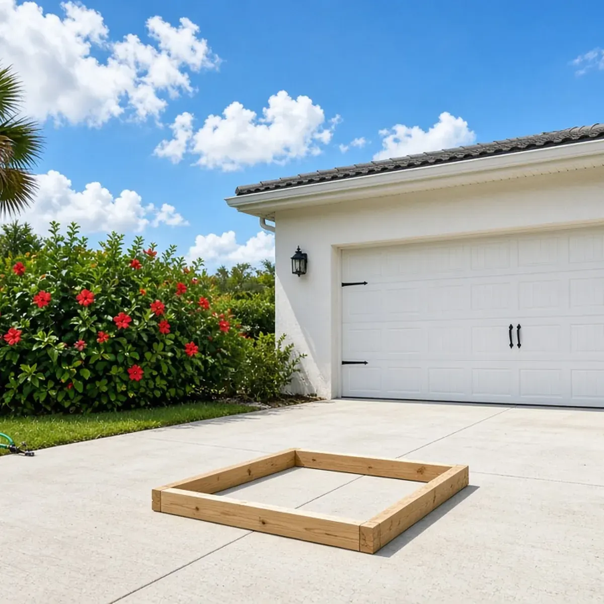 Empty driveway spot marked with two boards in front of a garage