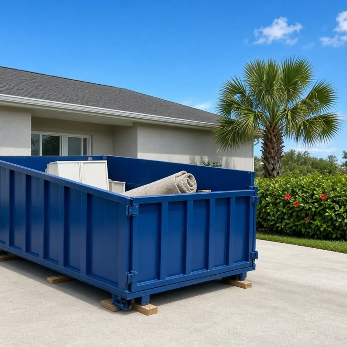 Blue roll-off dumpster on the driveway of a single-story stucco house with cabinet doors and carpet in it