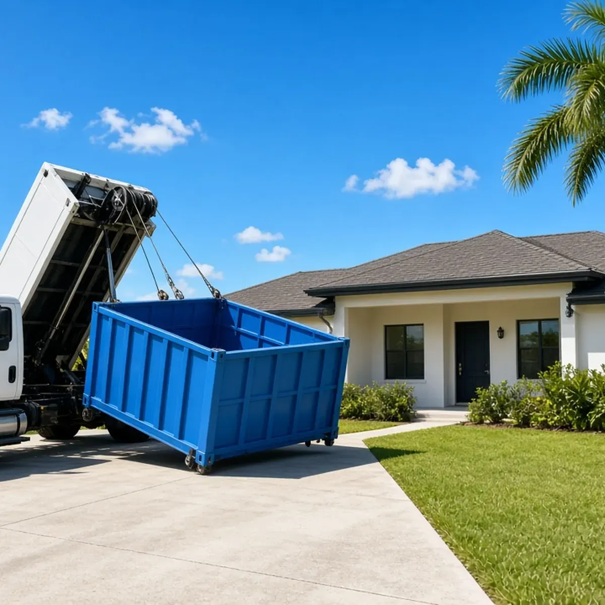 Roll-off truck lowering a blue container onto a driveway